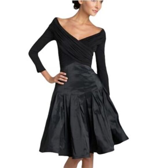 TADASHI SHOJI Black Off The Shoulder Ruffle Pleated Taffeta Midi Dress Size 12 - Picture 1 of 8